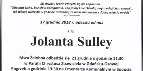 Z głębokim żalem przyjęliśmy wiadomość o śmierci naszej koleżanki Jolanty Sulley, wieloletniej nauczycielki naszej szkoły.